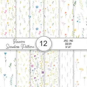 Floral Seamless Pattern Bundle | Watercolor Flower Digital Paper | Botanical, Spring, Daisy, Rose, Wildflower Backgrounds | 300 DPI JPG-PNG
