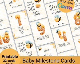 Baby Milestone Cards: Honey Bee Theme, Editable Canva Template, Milestone Tracker