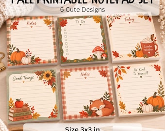 Könnte beinhalten: Ein Set aus sechs druckbaren Notizblöcken mit herbstlichen Illustrationen wie Kürbissen, Pilzen, einem Fuchs und Blättern. Jeder Notizblock enthält liniertes Papier mit Überschriften wie Notes, To Do, Today und Good Things. Größe 7,62 x 7,62 cm.
