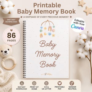 Könnte beinhalten: Ein spiralgebundenes Baby-Erinnerungsbuch mit weißem Einband, einer pastellfarbenen Mobile-Illustration sowie dem Text "Baby Memory Book" und "A KEEPSAKE OF EVERY PRECIOUS MOMENT". Der Einband zeigt 86 Seiten und die Bearbeitbarkeit in Canva.