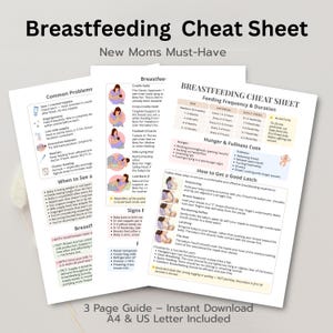 Puede incluir: Una guía de lactancia de tres páginas titulada "Breastfeeding Cheat Sheet" y subtitulada "New Moms Must-Have". La guía incluye información sobre problemas comunes, cuándo consultar a un médico y cómo lograr un buen agarre.