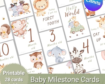 Baby Milestone Cards Printable, Neutral Safari Baby Milestones, Monthly Baby Cards 0-12 Months, First Year Baby Photo Props