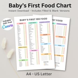 Baby’s First Food Chart | Baby First 100 Foods Tracker | Printable Baby Food Log | Allergy Tracking | Editable Canva PDF A4 US Letter
