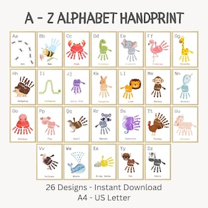 Peut inclure: Une affiche éducative numérique intitulée A - Z ALPHABET HANDPRINT présentant 26 cartes individuelles. Chaque carte affiche une lettre de l'alphabet associée à une illustration animale colorée créée à partir d'empreintes de mains et de doigts.