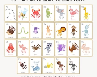 Alphabet Handprint Art A-Z Printable, ABC Handprint Animals, Toddler Activity, Preschool Learning, Kids Craft, Nursery Decor