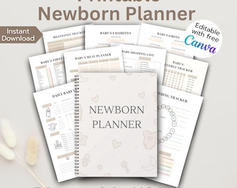 Printable Newborn Planner | Baby Tracker | Feeding, Sleep, Diaper, Milestone Log | Editable Canva Template | Baby Planner