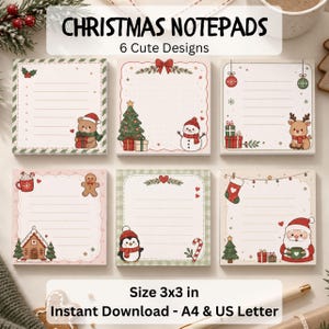 May include: Six square notepads with Christmas themes, each measuring 3x3 inches. Designs include a bear with a gift, a snowman with a tree, a reindeer with presents, a gingerbread house, a penguin, and Santa Claus. The text reads CHRISTMAS NOTEPADS.