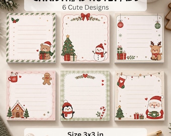 Weihnachtsnotizblock-Set zum Ausdrucken, niedliche Weihnachtskarten (7,6 x 7,6 cm), A4-Format (US Letter), Weihnachtsmann, Schneemann, Rentier (digitaler Download), Kawaii-Notizen