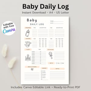 Journal quotidien de bébé modifiable – Modèle canevas | Suivi des soins du nouveau-né imprimable | Calendrier bébé beige neutre | Feuille de routine pour bébé