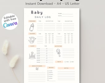 Editable Baby Daily Log – Canva Template | Newborn Care Tracker Printable | Beige Neutral Baby Schedule | Baby Routine Sheet