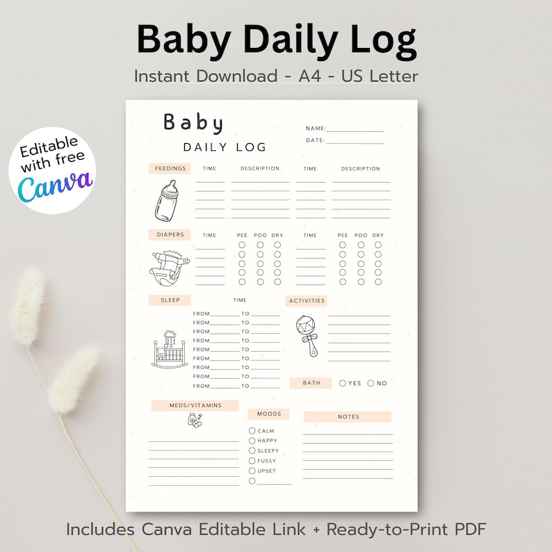 Editable Baby Daily Log – Canva Template | Newborn Care Tracker ...