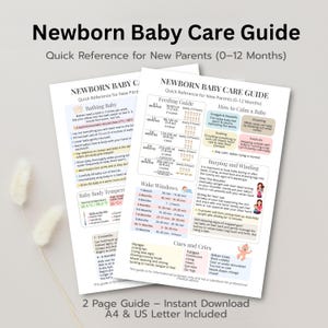 May include: A two-page newborn baby care guide titled "Newborn Baby Care Guide" and subtitled "Quick Reference for New Parents (0-12 Months)". The guide provides information on bathing, feeding, and calming a baby. The guide is available in A4 & US Letter size.