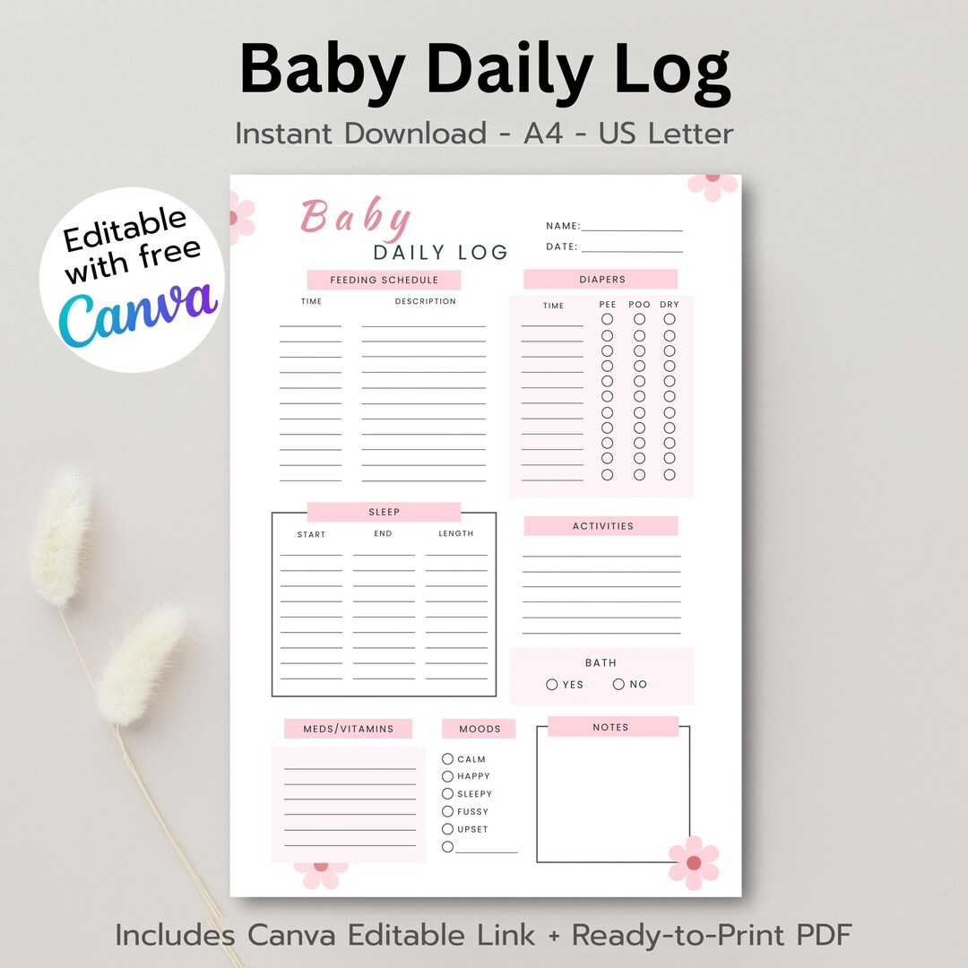 Baby Daily Log Printable | Pink Floral Newborn Tracker | One Page Baby ...