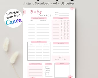 Baby Daily Log Printable | Pink Floral Newborn Tracker | One Page Baby Routine Chart | Instant Download