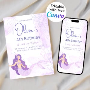 Editable Mermaid Birthday Invitation | Printable Girl Birthday Party Invite | Digital Download | Editable Template