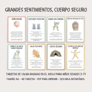 May include: A set of eight illustrated cards with Spanish text, designed for children aged 3-7. Each card features a different calming exercise, such as imagining a balloon or a melting snowman. The cards are A6 size and available as a PDF for instant download.