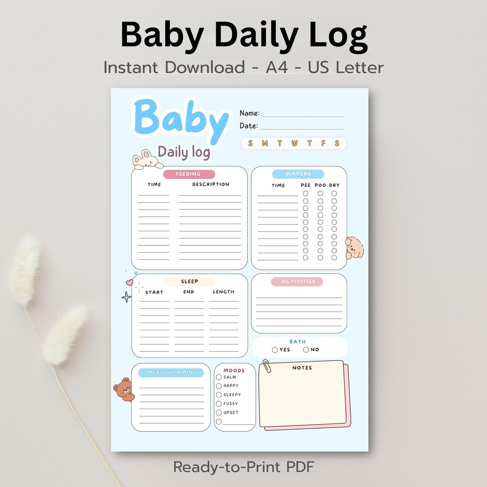 Baby Daily Log Printable Blue, Boy Baby Tracker PDF, Newborn Daily Log ...