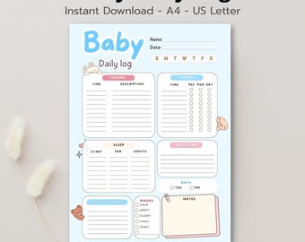 Afdrukbaar dagelijks logboek baby blauw, pdf-bestand jongensbabytracker, dagelijks logboek pasgeboren baby, voeding slaapluiertracker, tabel babyverzorging A4 US Letter