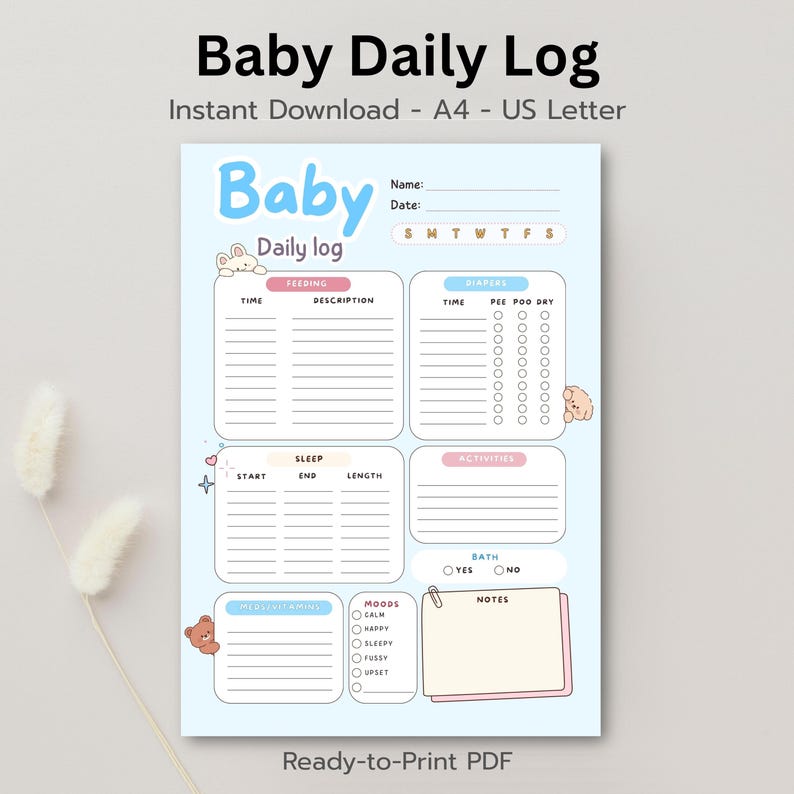 Baby Daily Log Printable Blue, Boy Baby Tracker PDF, Newborn Daily Log ...