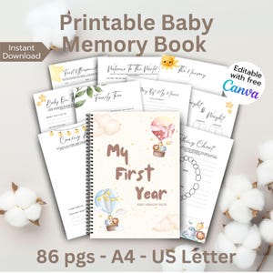 Bewerkbare canvassjabloon babygeheugenboek, genderneutraal mijlpaaldagboek, digitale download, eerstejaars babyalbum