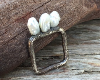 Freshwater Pearl Ring Oxidized Silver Square Jewelry