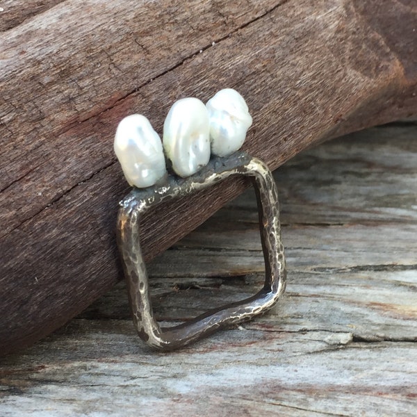 Freshwater Pearl Ring Oxidized Silver Square Jewelry