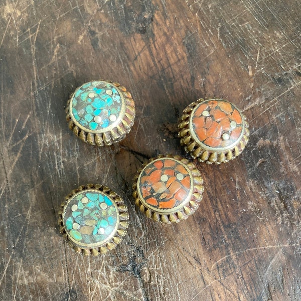 Tibetan Beads Turquoise Coral Inlay Tribal Art Set of 4