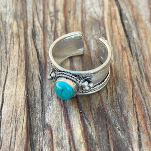 Teardrop Turquoise Brass Ring: Adjustable Band, Size 6-9