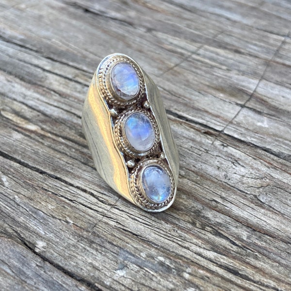 Moonstone Three Stones Ring Sterling Silver Birthstone Jewelry