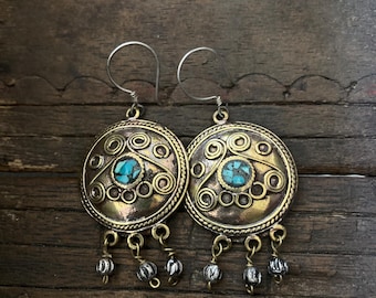 Turquoise Beads Brass Earrings: Dangle Drop Style Jewelry