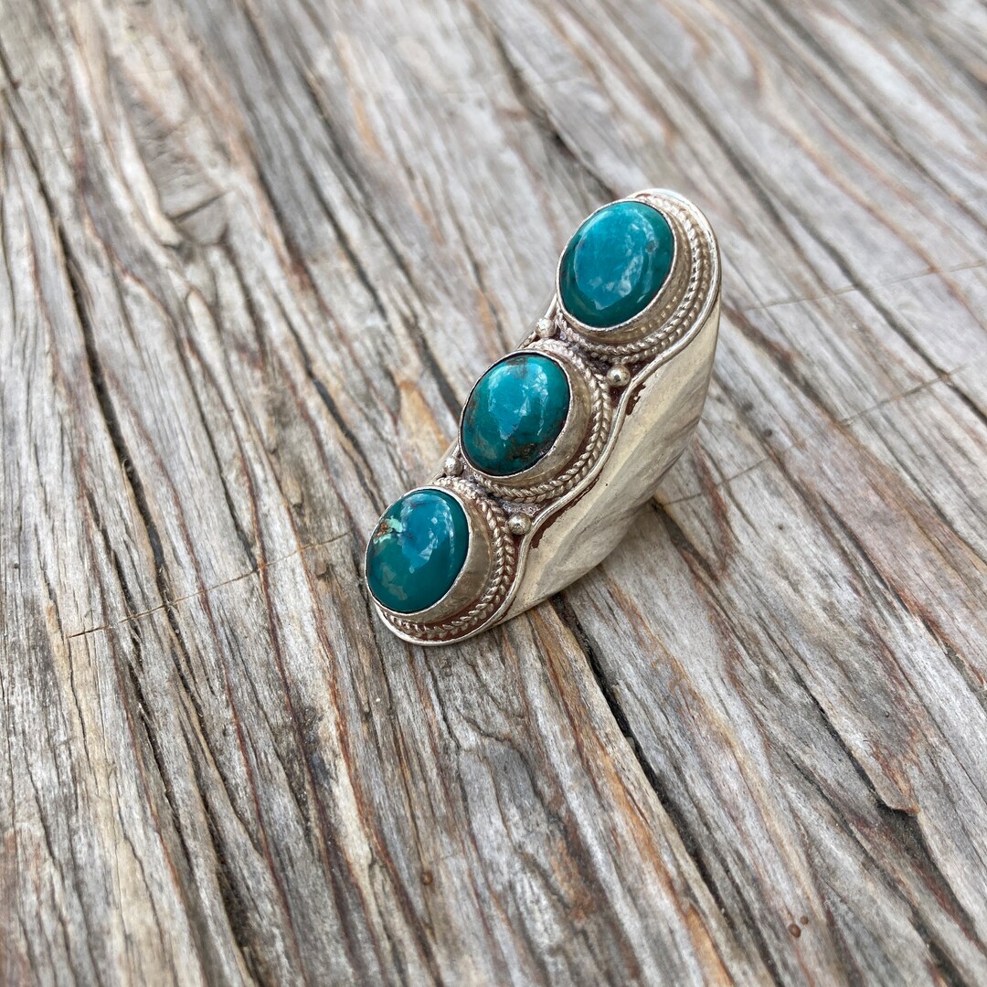Turquoise Silver Saddle Ring Three Stones Statement Jewelry - Etsy