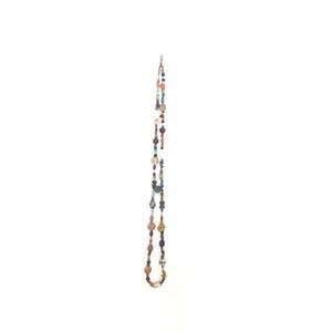 May include: A long beaded necklace featuring a mix of colourful beads, including red, blue, green, and brown.