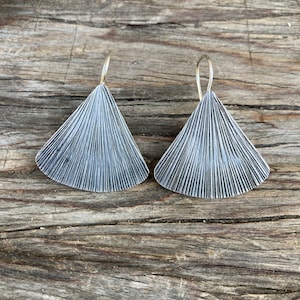 Oxidized Etched Silver Fan Earrings Karen Tribe Style Drop Jewelry