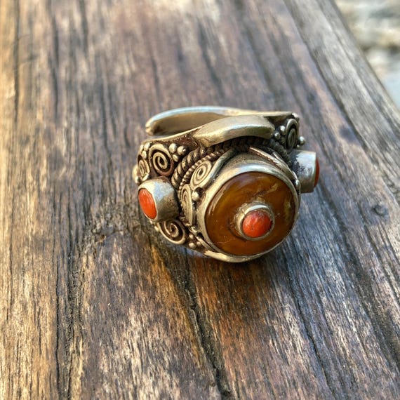 Amber Silver Ring Ethnic Vintage Style Tibetan Jewelry