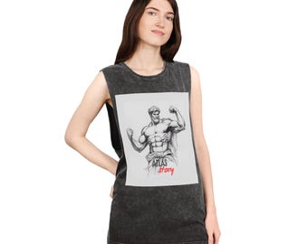 アトラス・ビクトリー・タンクトップ | 神話的ボディビルダーのスケッチ、ヴィンテージ・ストーンウォッシュ