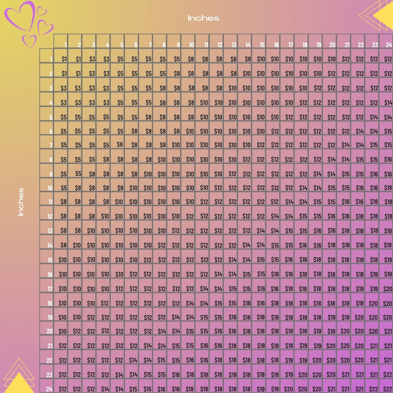 Printable Vinyl Decal Pricing Chart 24X24 Etsy