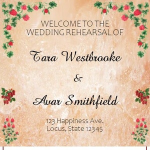 Może przedstawiać: Ogłoszenie o próbie ślubnej dla Tary Westbrooke i Avara Smithfiela. Ogłoszenie zawiera datę, godzinę i miejsce ceremonii, kolacji próbnej i przyjęcia. Zawiera również szczegóły dotyczące wydarzeń, takich jak procesja, czytania i wymiana przysięgi.