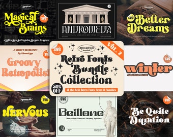 Bundel met retrolettertypen: groovy, boho, cricut, canvas (svg)
