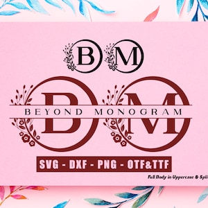 May include: A monogram design featuring the letters "B" and "M" within a circle, adorned with floral embellishments. The text "BEYOND MONOGRAM" is displayed above the letters. The design is presented in black and brown against a pink backdrop.