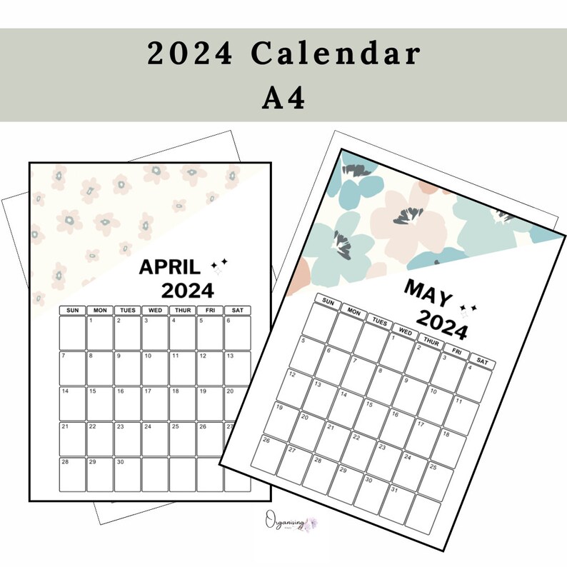 Printable Calendar 2024 Yearly Calendar A4 Digital Calendar PDF Sunday