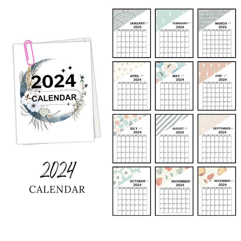Printable Calendar 2024 Yearly Calendar A4 Digital Calendar PDF Sunday