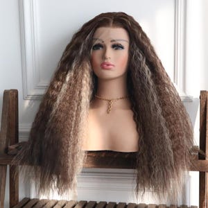 13x4 Lace Highlight Brown Curly Blonde Mix Premium Synthetic Wig