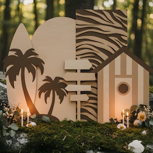 Scena di spiaggia con palme SVG, sfondo di compleanno, design a strati (design digitale)