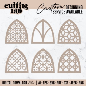 May include: Six different designs for arched stained glass windows. The designs are geometric and feature various patterns. The designs are in black and white and are on a white background.