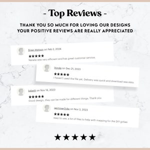 May include: Image featuring customer reviews with a marble background. The text reads "Top Reviews" and "Thank you so much for loving our designs. Your positive reviews are really appreciated." Reviews include dates, names, and star ratings.