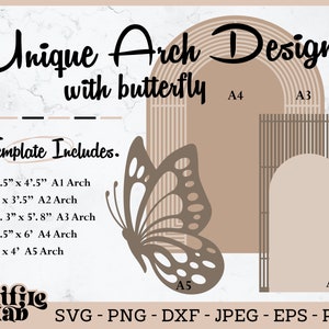 May include: A digital download of five arch designs with a butterfly silhouette. The arches are in various sizes, including 2.5 inches by 4.5 inches, 2 inches by 3.5 inches, 4.3 inches by 5.8 inches, 4.5 inches by 6 inches, and 3 inches by 4 inches. The designs are in a neutral color palette of brown and beige.