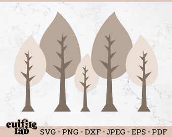 May include: A digital illustration of stylized trees in varying shades of brown and beige. The trees have simple, geometric shapes with teardrop-shaped leaves. The image includes the text "cutfile lab" and file type options: SVG, PNG, DXF, JPEG, EPS, and PDF.