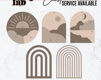 Peut inclure: Fichiers de téléchargement numérique pour un ensemble de cinq motifs géométriques minimalistes en brun et beige. Les motifs comprennent un soleil avec des nuages, une lune avec des nuages, une chaîne de montagnes et deux arcs-en-ciel.