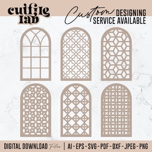 May include: Six different arch-shaped window designs with intricate geometric patterns. The designs are in shades of brown and white. The text "cuifire lab" and "Custom Designing Service Available" is at the top of the image. The text "DIGITAL DOWNLOAD Files | AI-EPS-SVG-PDF-DXF-JPEG-PNG" is at the bottom of the image.