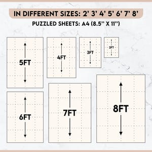 May include: Image showing various sizes of puzzled sheets, ranging from 2 feet to 8 feet in height. The text indicates the sheets are A4 size, measuring 8.5 inches by 11 inches. Each sheet is divided into a grid pattern.